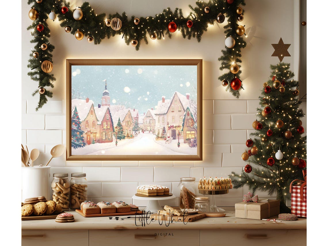 Pastel Christmas Village Street with Clock Tower and Snowfall Poster - Image 3