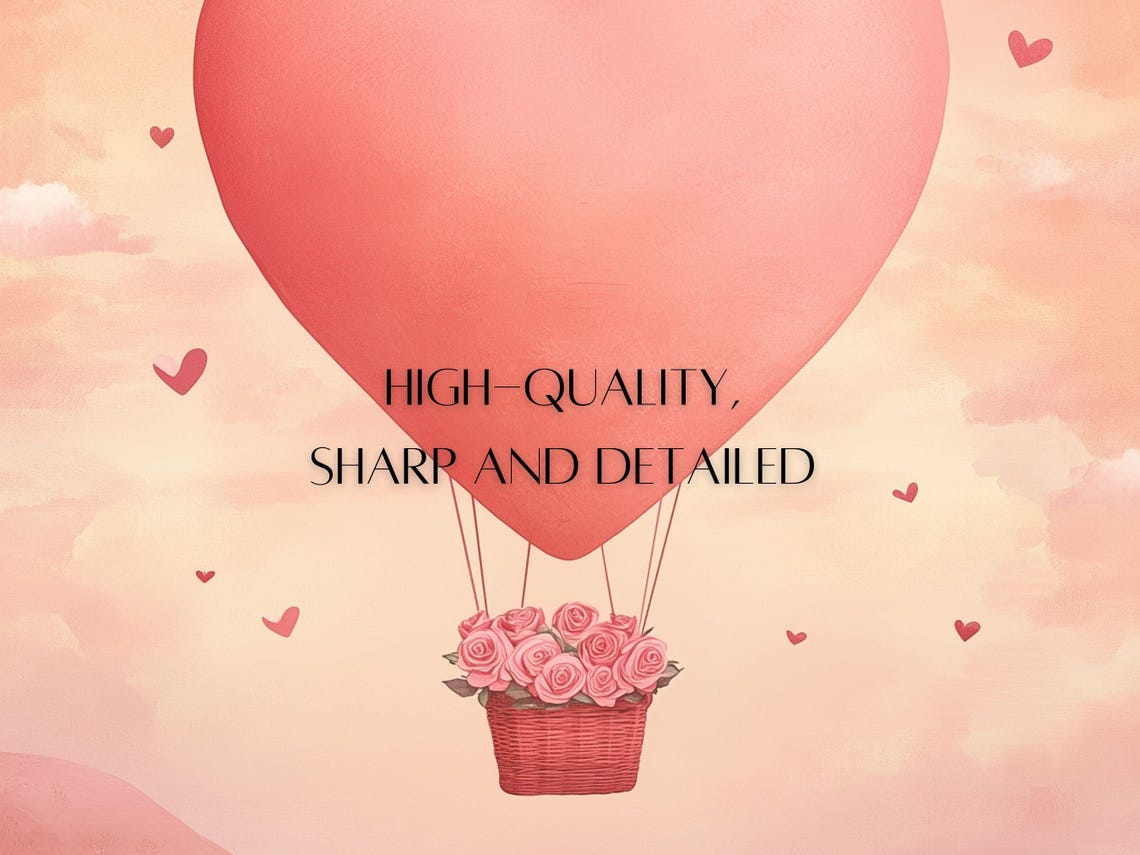Pink Heart Hot Air Balloon Over Rolling Hills Romantic Wall Art - Image 3