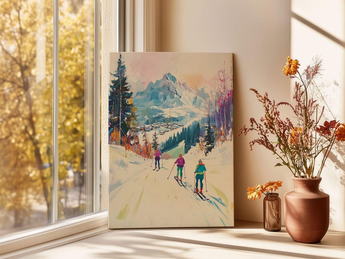 Alpine Skiers Gliding Down A Snowy Mountain Slope Art Poster