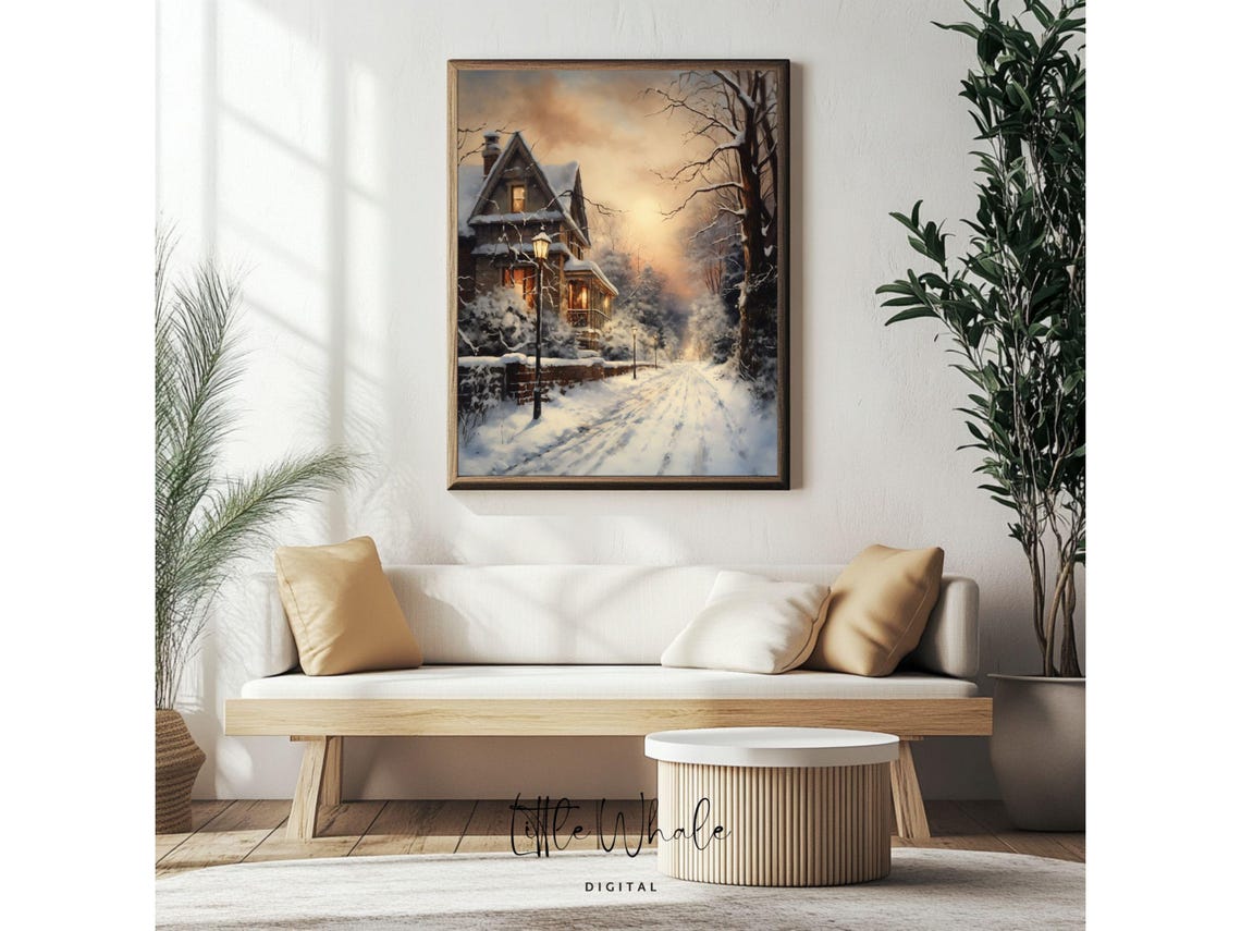 Victorian House at Sunset with Lamppost Snowy Street Art Print - Image 4