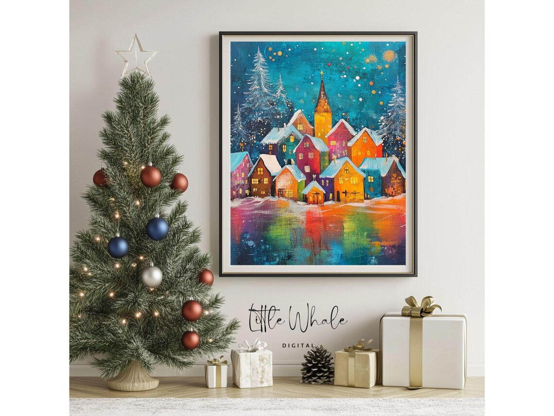 Colorful Christmas Town at Night Snowy Houses Abstract Poster - Image 3