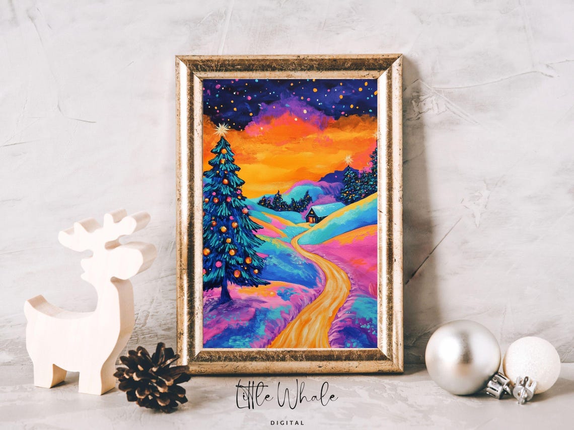 Vivid Christmas Tree Aurora Night Colorful Winter Landscape Poster