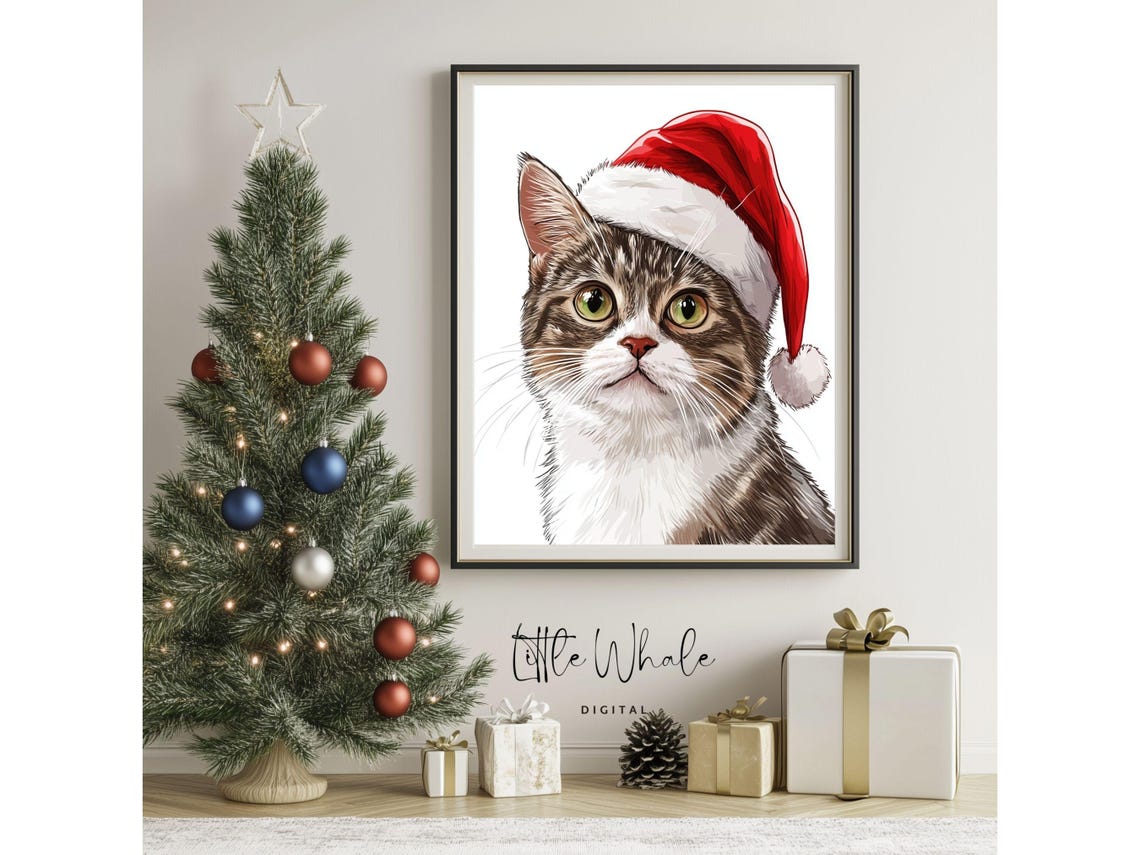 Tabby Cat Wearing Santa Hat Cute Christmas Portrait Art Print - Image 3