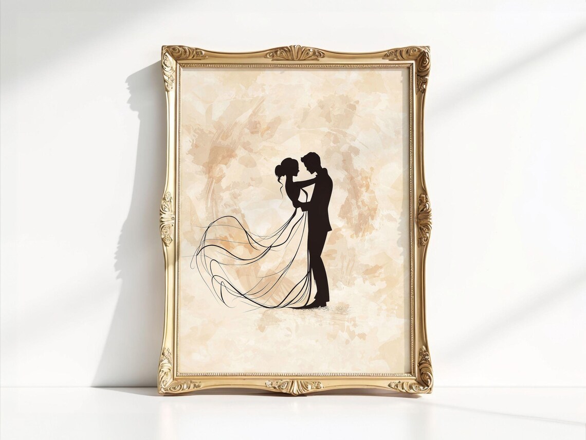 Minimalist Dancing Couple Silhouette Romantic Beige Line Art Poster - Image 2