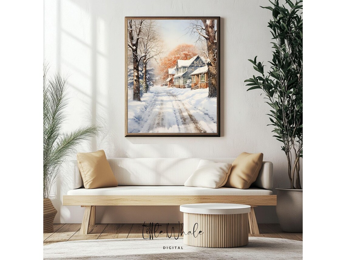 Snowy Village Street Watercolor with Cozy Houses Winter Art Print - Image 4