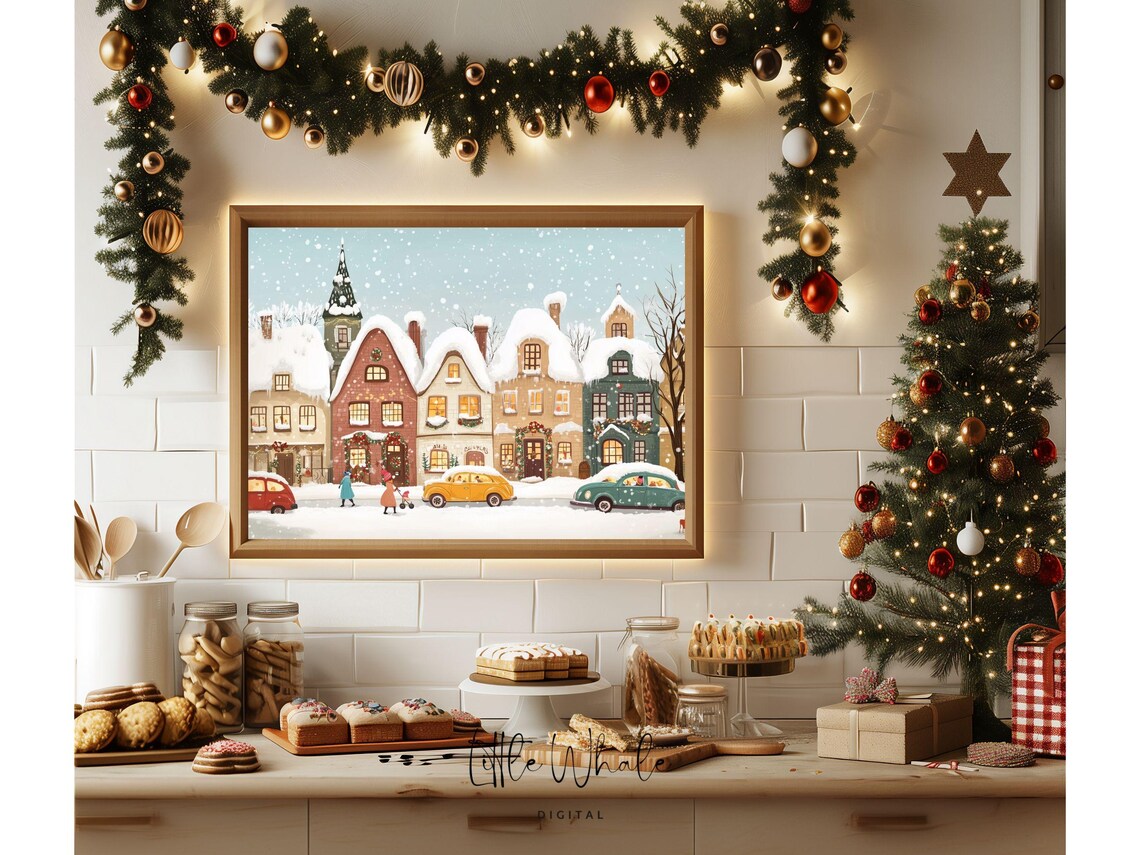 Snowy Old Town Street With Vintage Cars And Church Winter Poster - Image 2