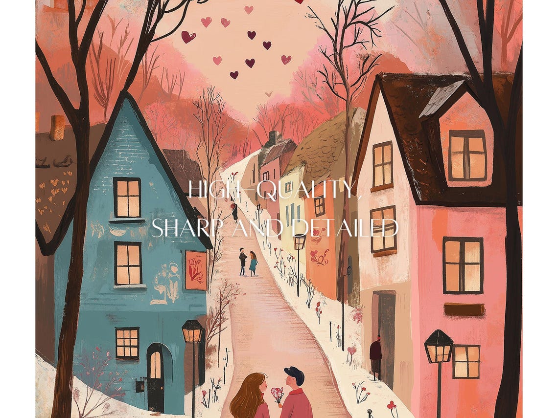 Romantic Kiss On A Snowy Street With Hearts Valentine Poster - Image 2