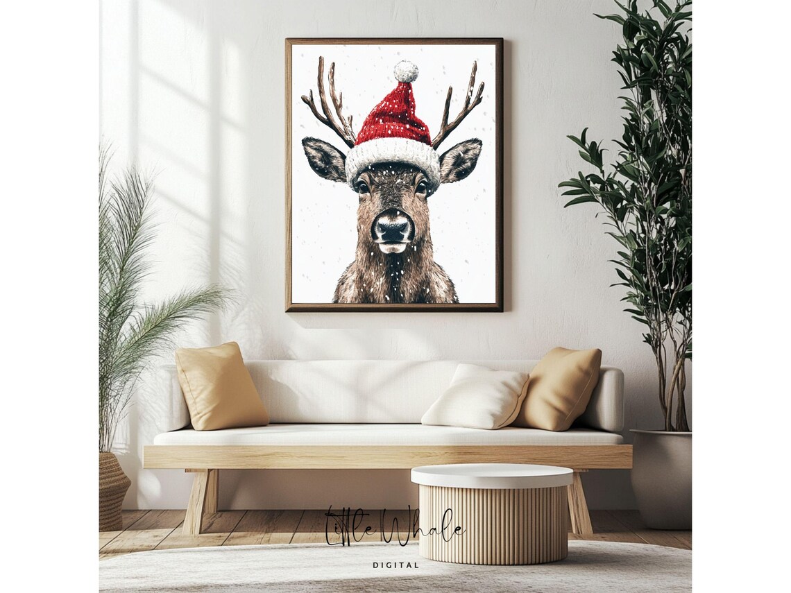 Deer Wearing a Santa Hat Watercolor Animal Portrait Christmas Poster - Image 4
