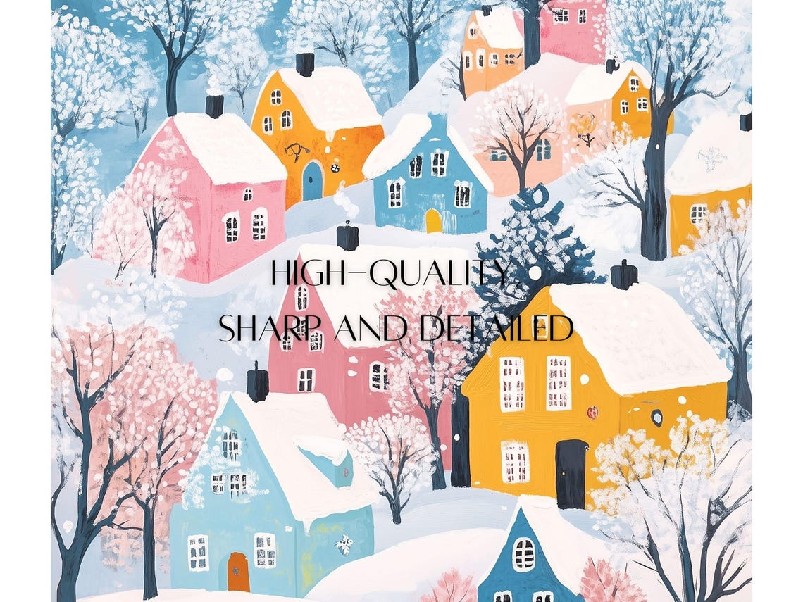 Colorful Snowy Village On A Hill Under A Teal Night Sky Poster - Image 2