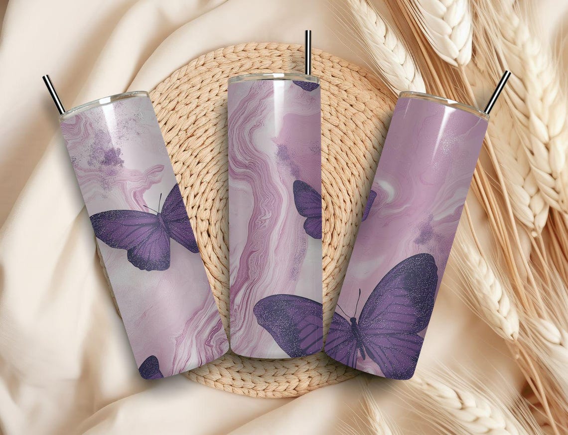 Purple Butterfly Pink Marble Swirl Tumbler Wrap Design Print - Image 5