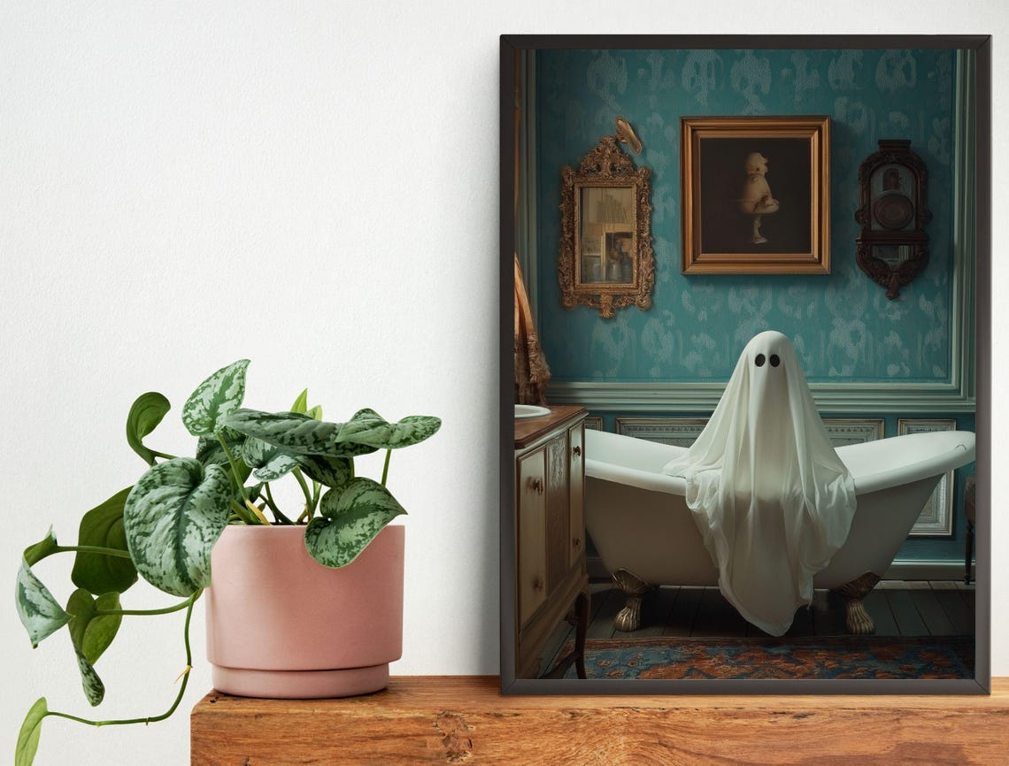 Sheet Ghost Lounging in a Clawfoot Tub Teal Damask Bathroom Poster - Image 2