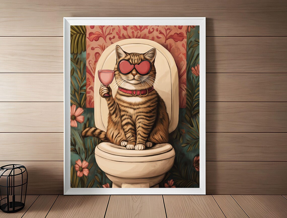 Funny Tabby Cat Heart Sunglasses Toilet Cocktail Humor Art Print - Image 3