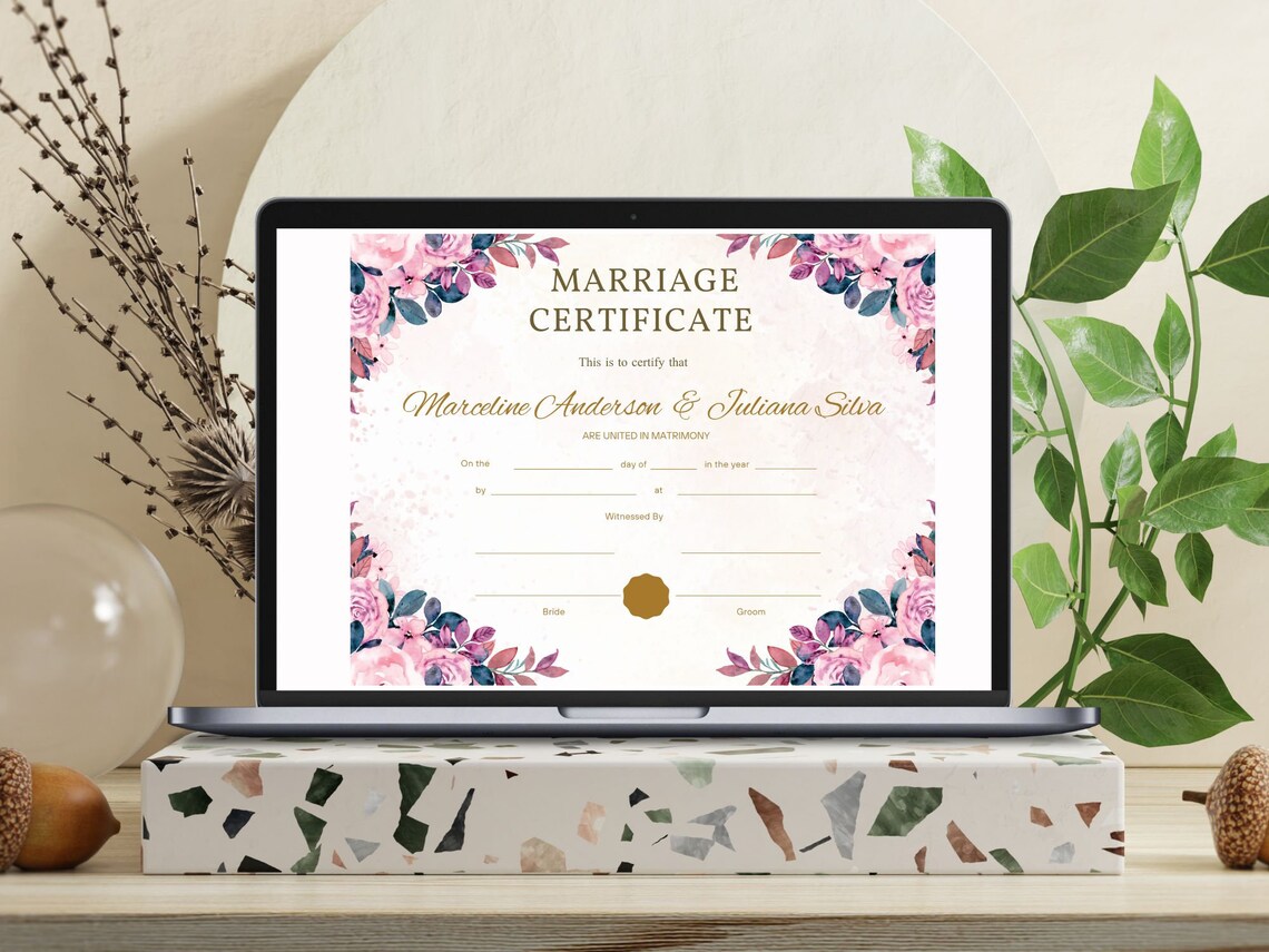 Editable Marriage Certificate Template Watercolor Floral Canva Print - Image 6