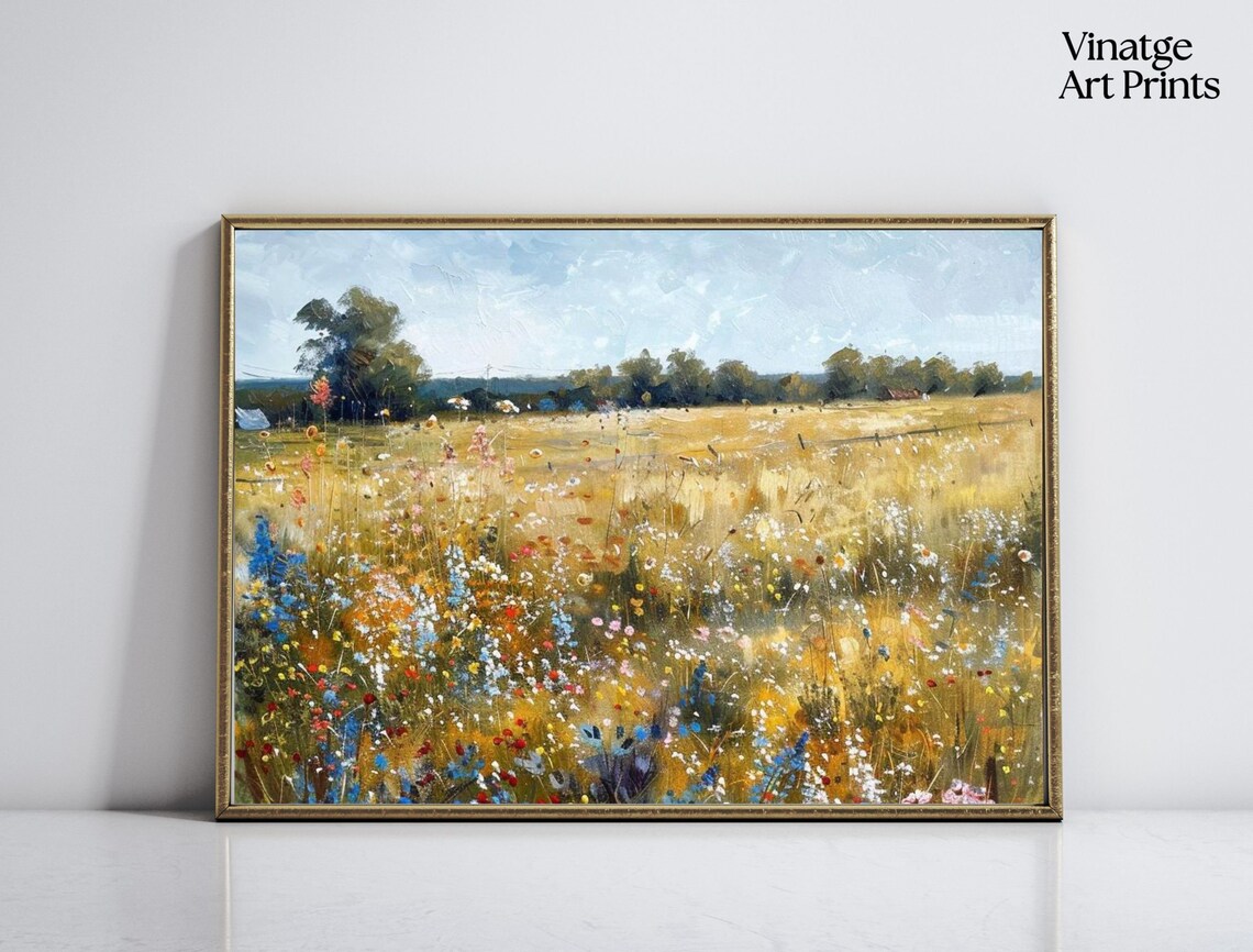 Meadow Wildflowers Oil Painting Golden Field Vintage Landscape Poster