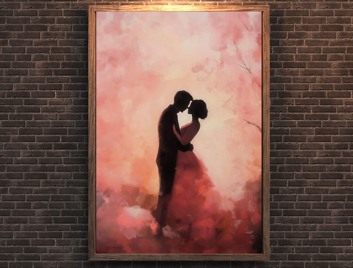 Romantic Couple Embrace Blush Pink Blossom Silhouette Art Print - Image 7