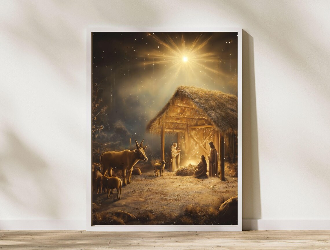 Holy Golden Nativity Scene Manger Star Night Christmas Art Print - Image 8