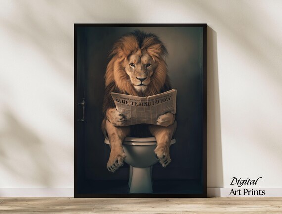 Funny Lion Sitting on Toilet Reading Newspaper Bathroom Art Print