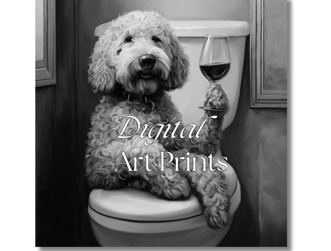 Black And White Doodle Dog On Toilet With Wine Glass Funny Poster - Image 3