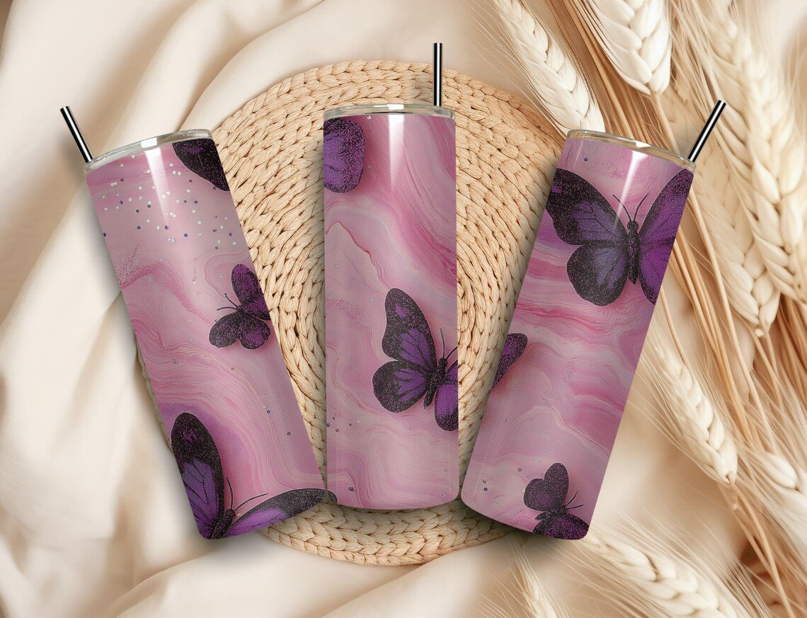 Purple Butterfly Pink Marble Glitter Tumbler Wrap Design Print - Image 5