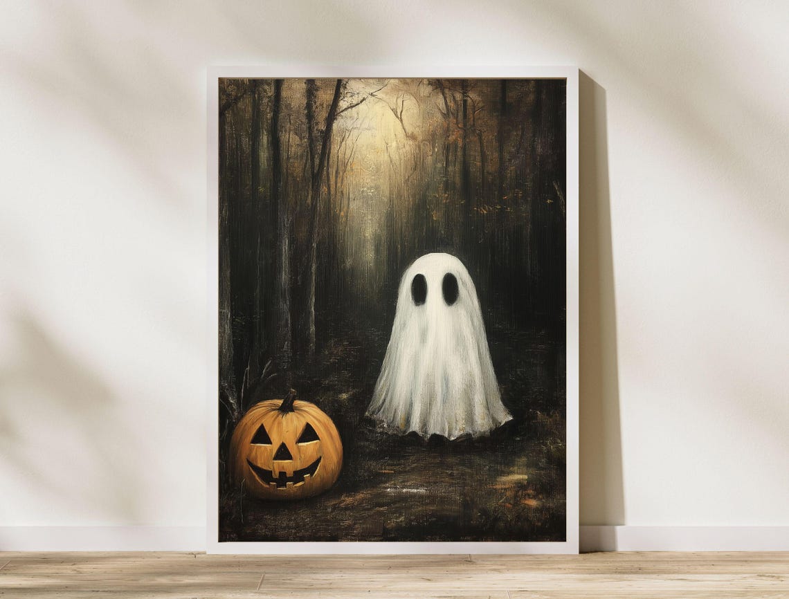 Ghost with Jack O Lantern in Dark Forest Halloween Art Poster - Image 7