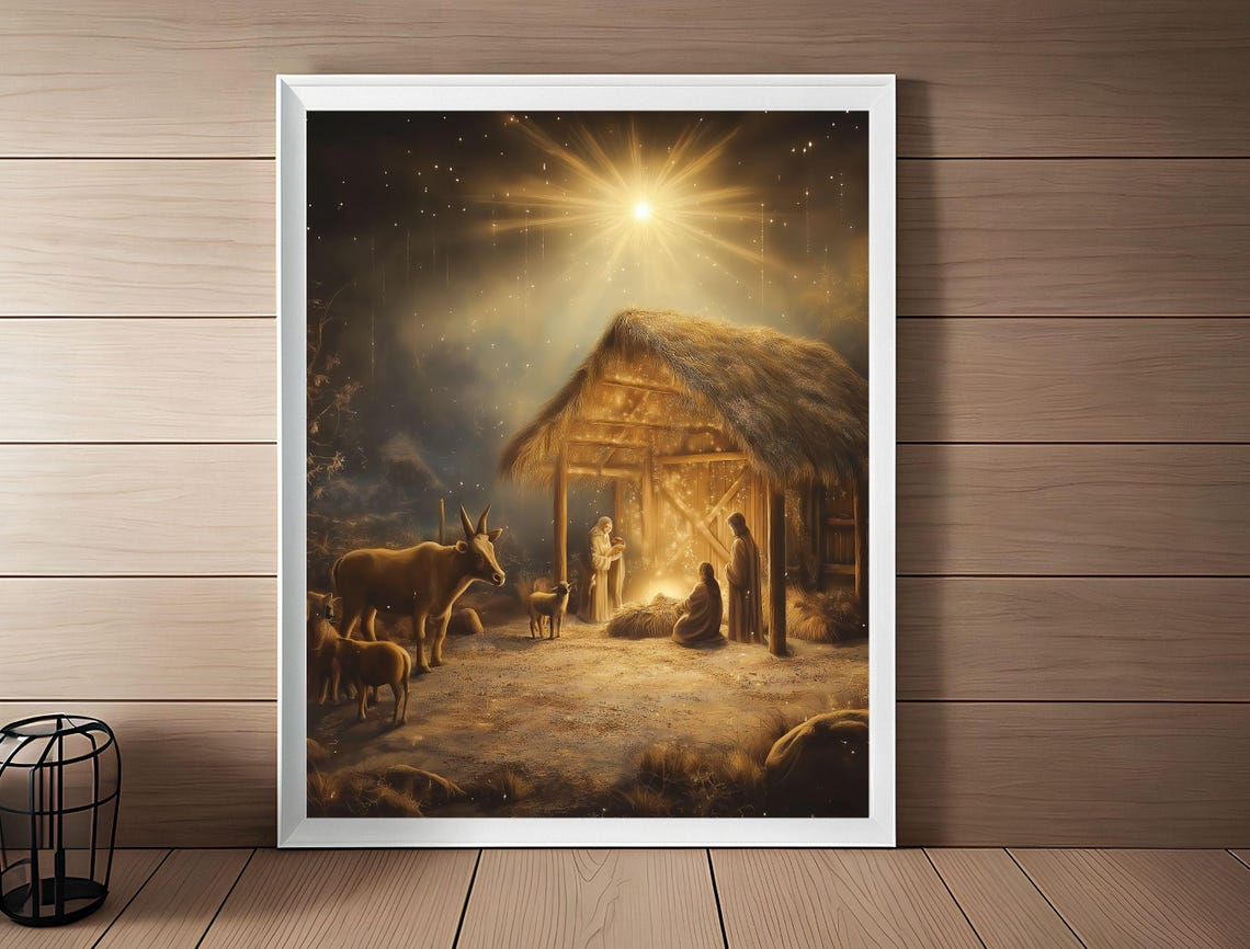 Holy Golden Nativity Scene Manger Star Night Christmas Art Print - Image 3