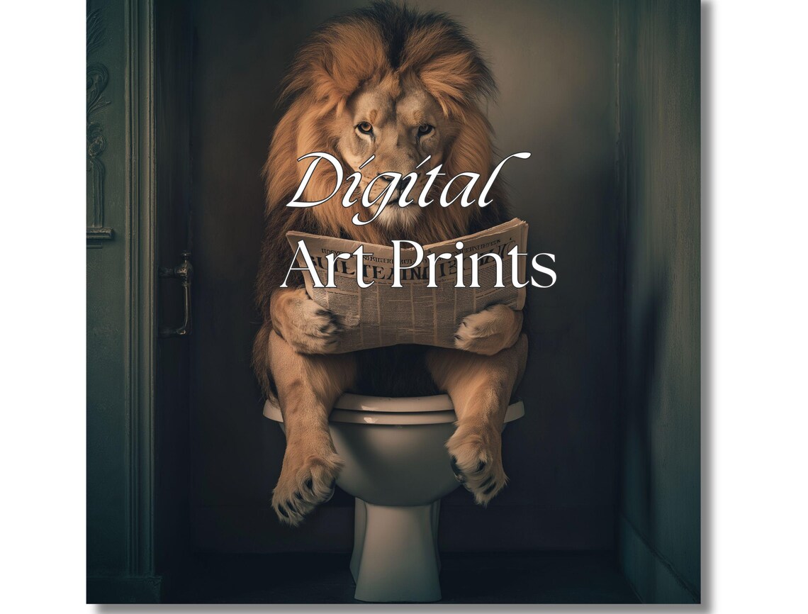 Funny Lion Sitting on Toilet Reading Newspaper Bathroom Art Print - Image 2