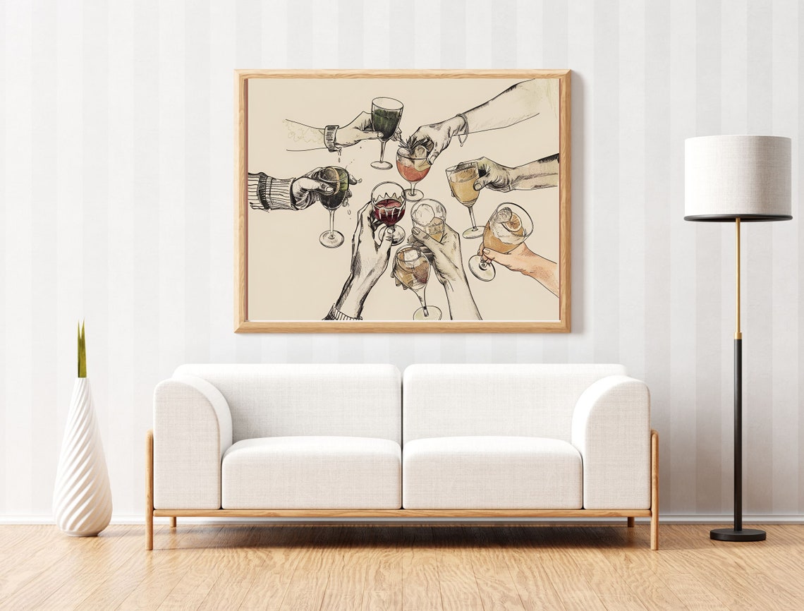 Cheers Toasting Wine Glasses Sketch Bar Cart Celebration Art Poster - Image 2