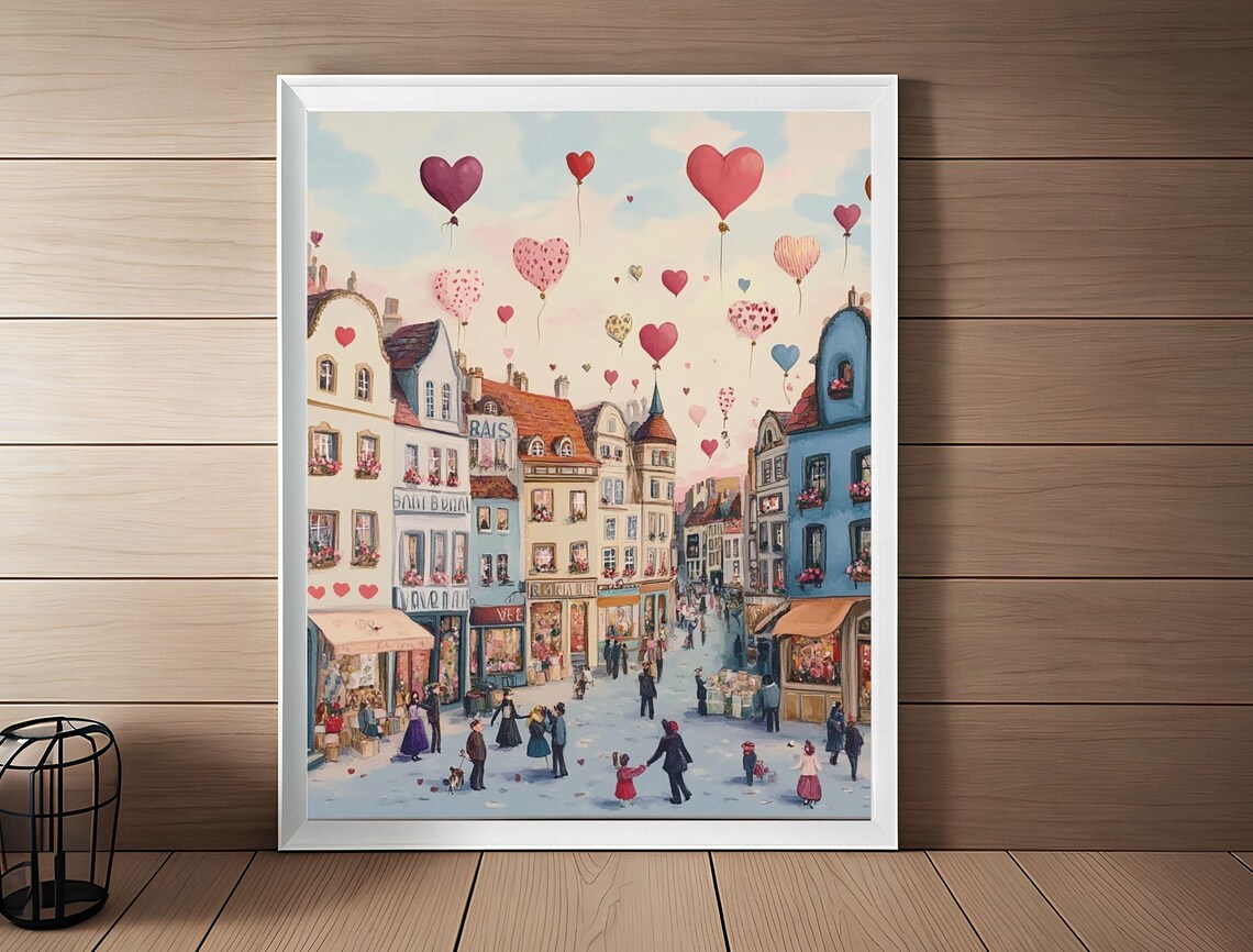 Sunny European Old Town Street Heart Balloons Painterly Art Print - Image 3