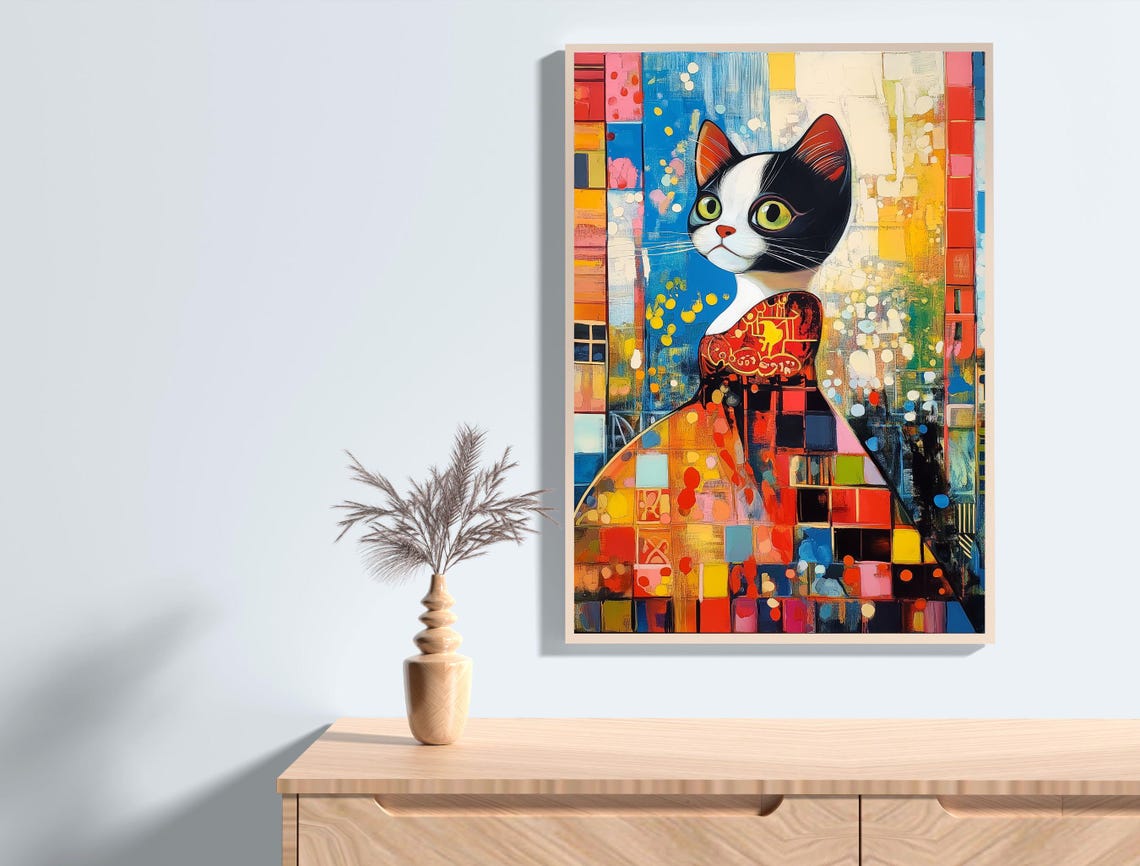 Colorful Mosaic Tuxedo Cat Abstract Patchwork Portrait Art Print - Image 2