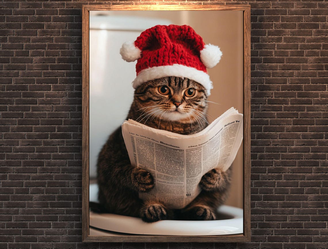 Funny Christmas Cat in Santa Hat Reading Newspaper Bathroom Poster - Image 7