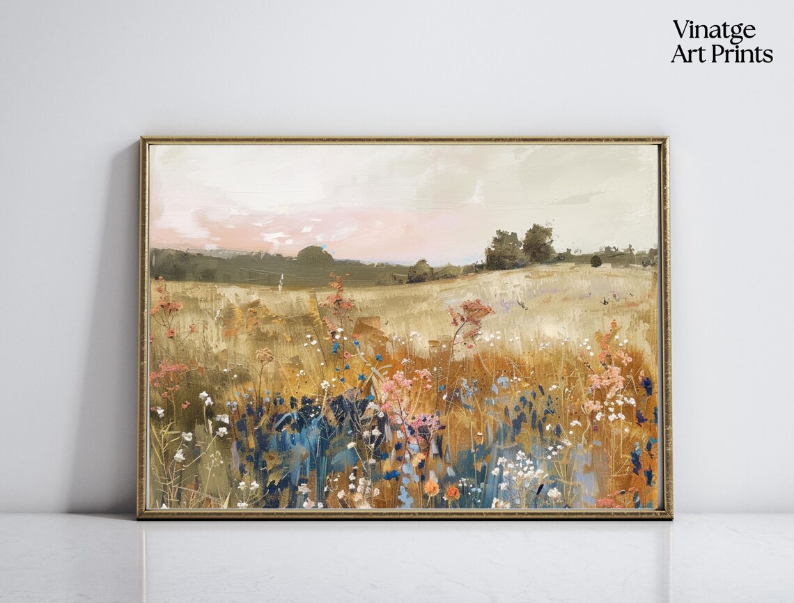 Golden Wildflower Meadow Stretching to a Soft Pink Dusk Poster