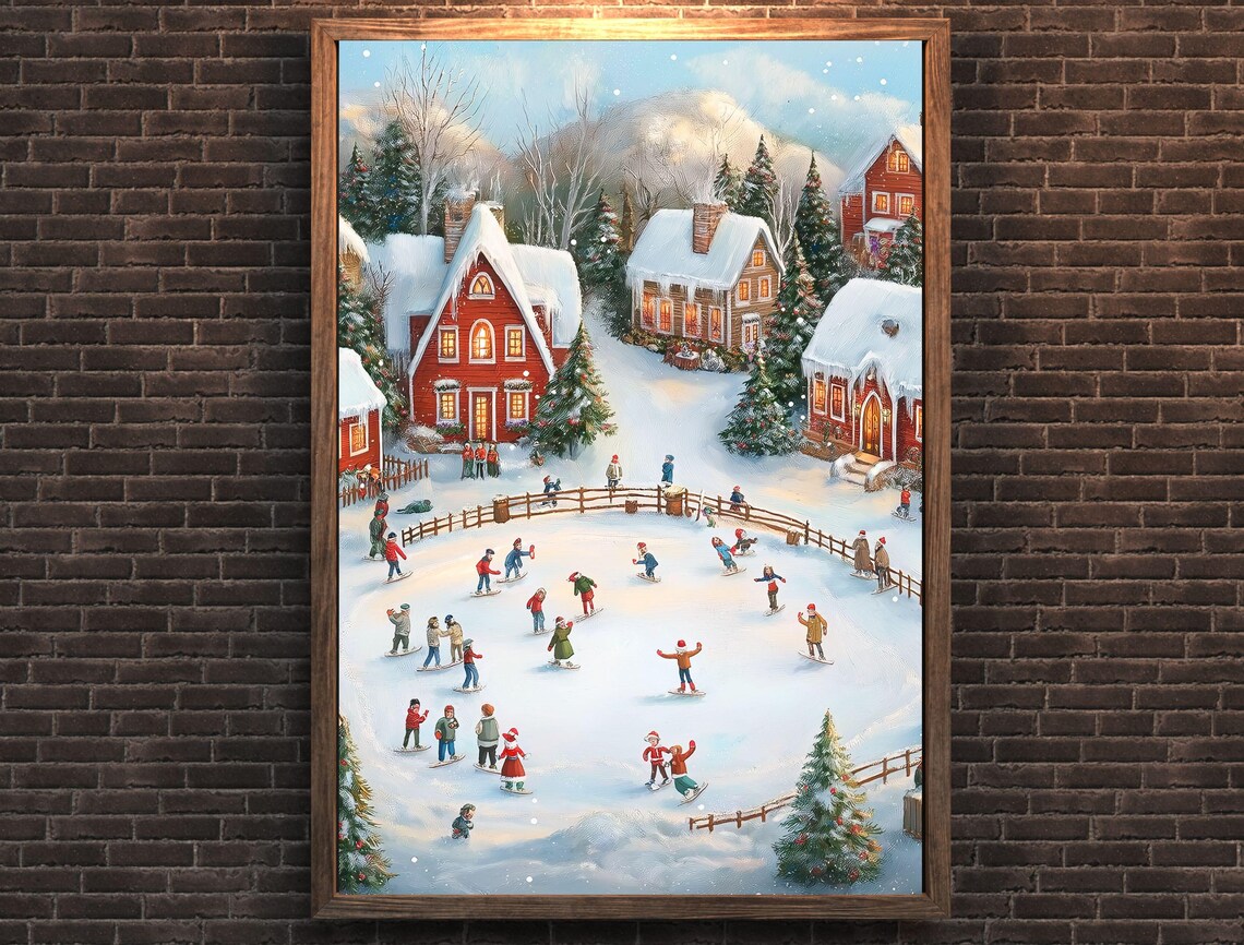 Snowy Christmas Village Ice Skating Scene Vintage Winter Town Poster - Image 7