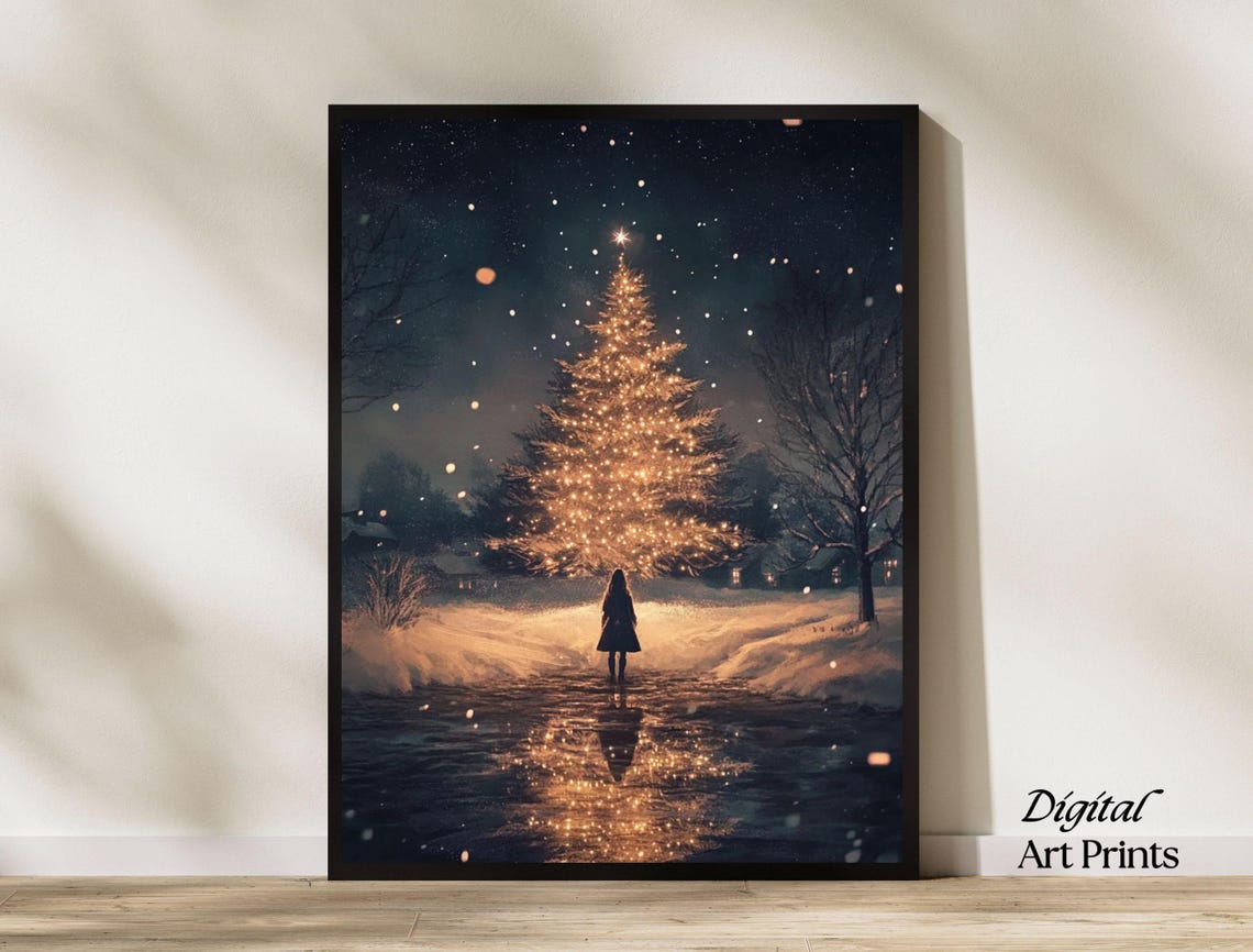 Girl Under Giant Glowing Christmas Tree Snowy Night Magical Poster