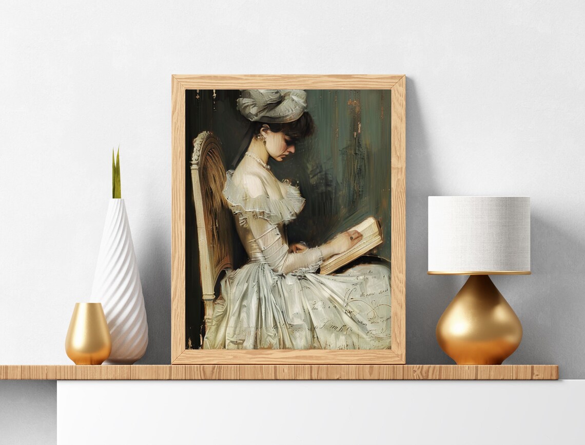 Antique Portrait of Woman Reading Vintage Elegant Lady Oil Poster - Image 2