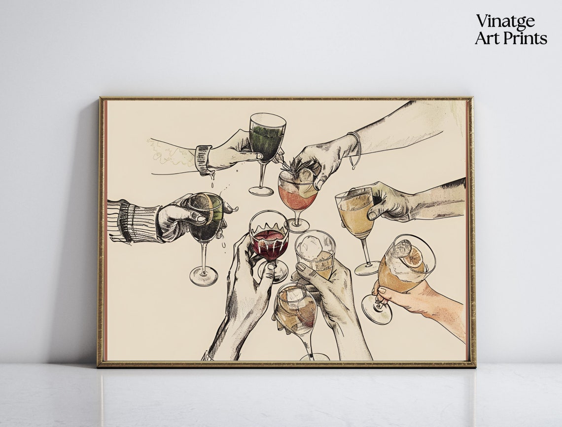 Cheers Toasting Wine Glasses Sketch Bar Cart Celebration Art Poster