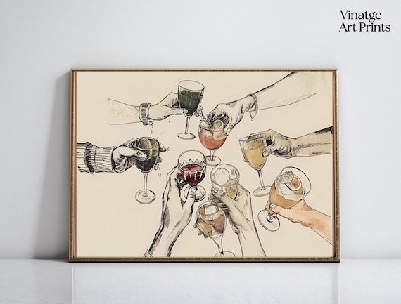 Cheers Toasting Wine Glasses Sketch Bar Cart Celebration Art Poster