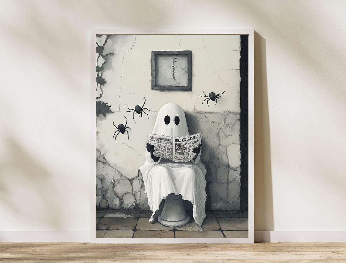 Sheet Ghost Reading a Newspaper on a Toilet Spooky Art Poster - Image 5
