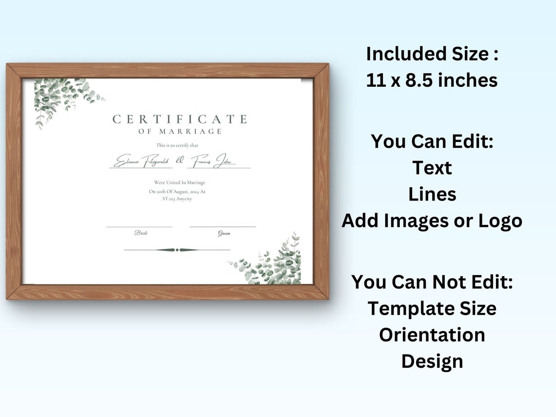 Marriage Certificate Template Eucalyptus Greenery Wedding Print - Image 7