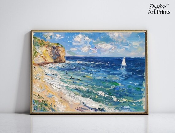 Impressionist Coastal Cliffs Sailboat Blue Sea Oil Painting Poster