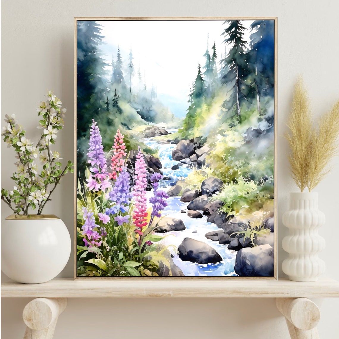 Forest Stream Pink Lupines Rocky Cascades Watercolor Art Poster - Image 2