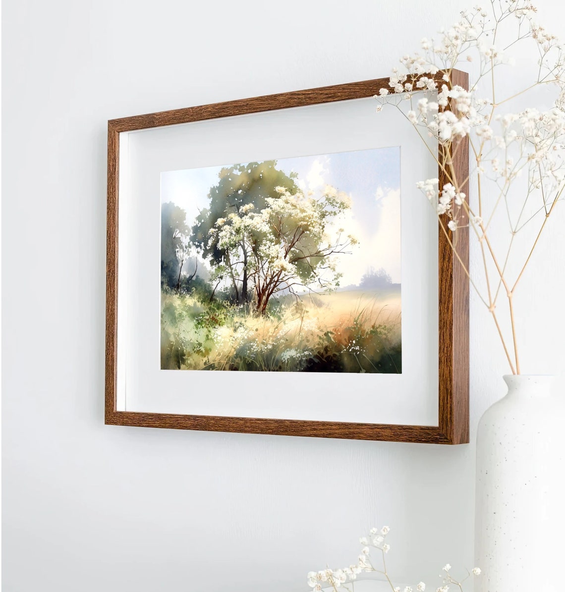 Sunlit Flowering Meadow Golden Morning Light Watercolor Art Print - Image 5