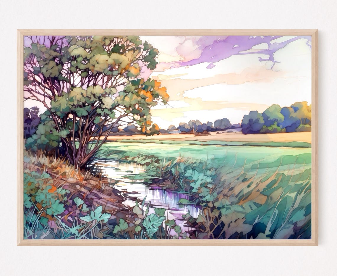 Sunlit Tree by Stream Pastel Meadow Watercolor Art Scene Poster