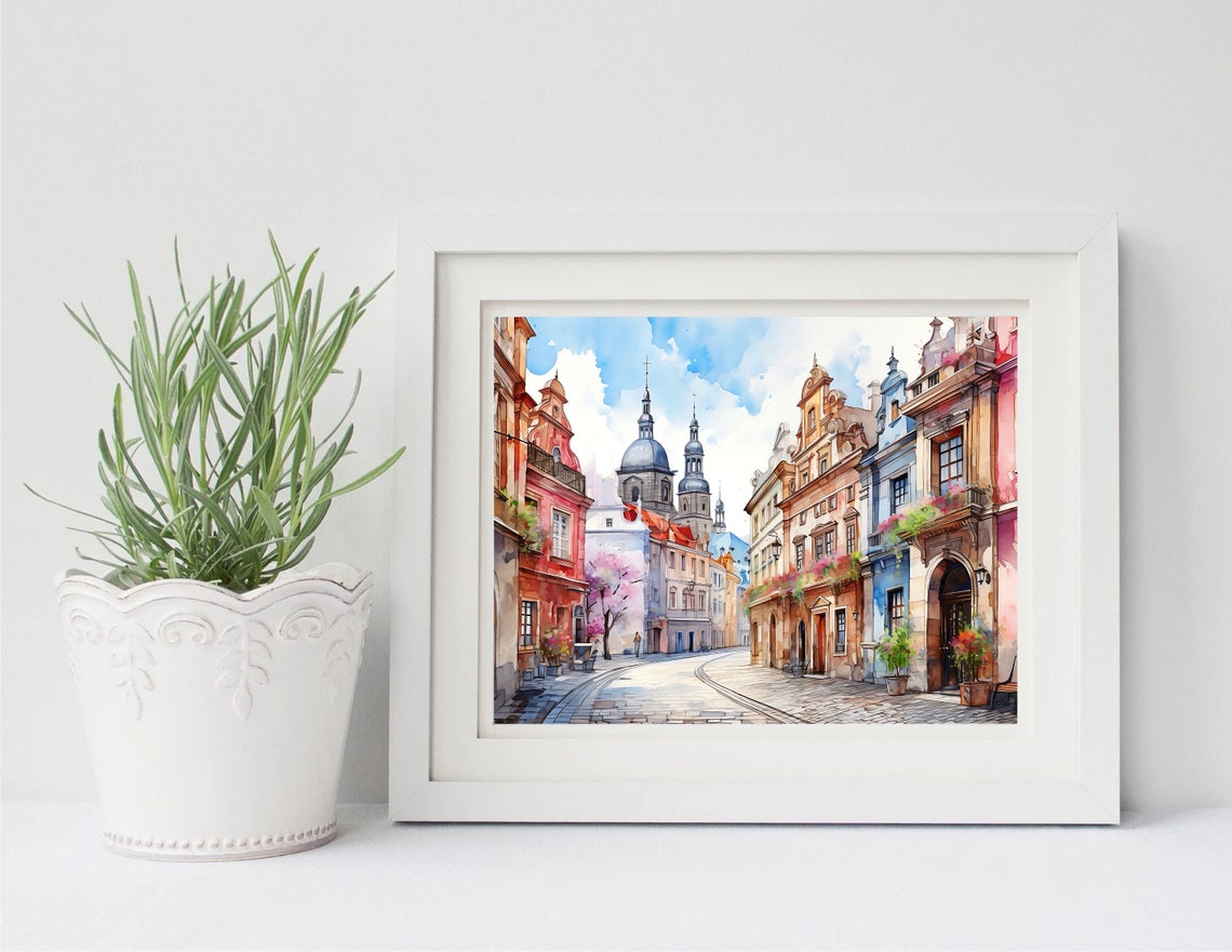Prague Old Town Colorful Street Watercolor Travel Art Poster - Image 2