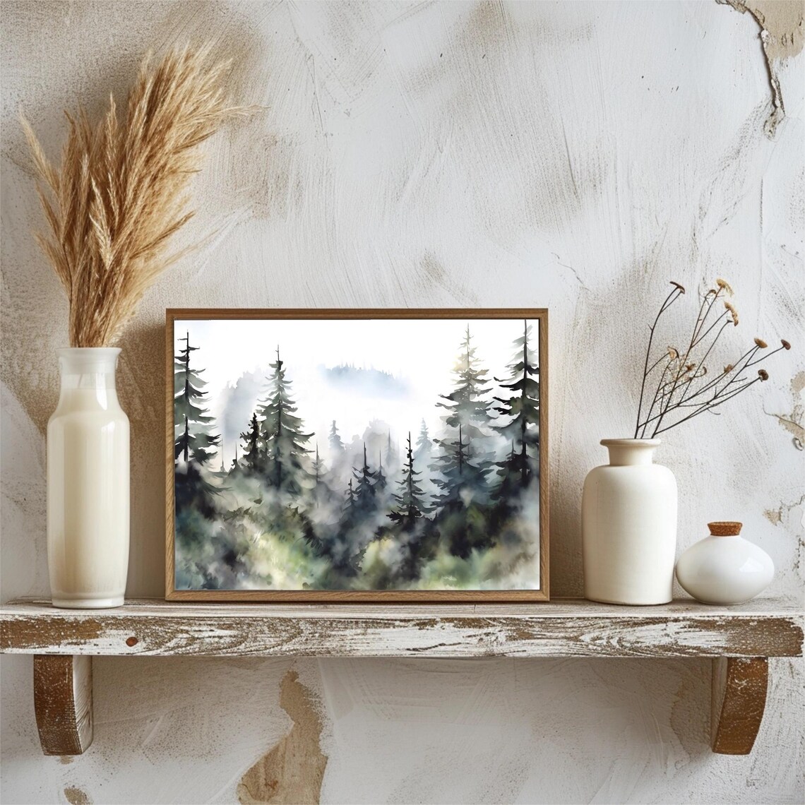 Evergreen Trees Watercolor Misty Forest Art Print - Image 2