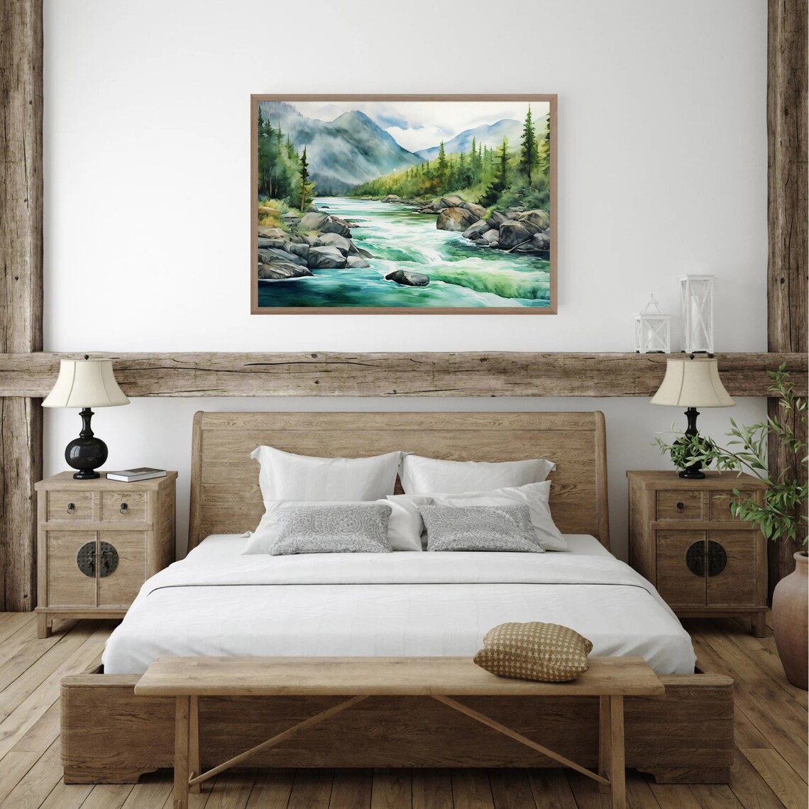 Mountain River Watercolor Art Print, Misty Forest Landscape - Image 5