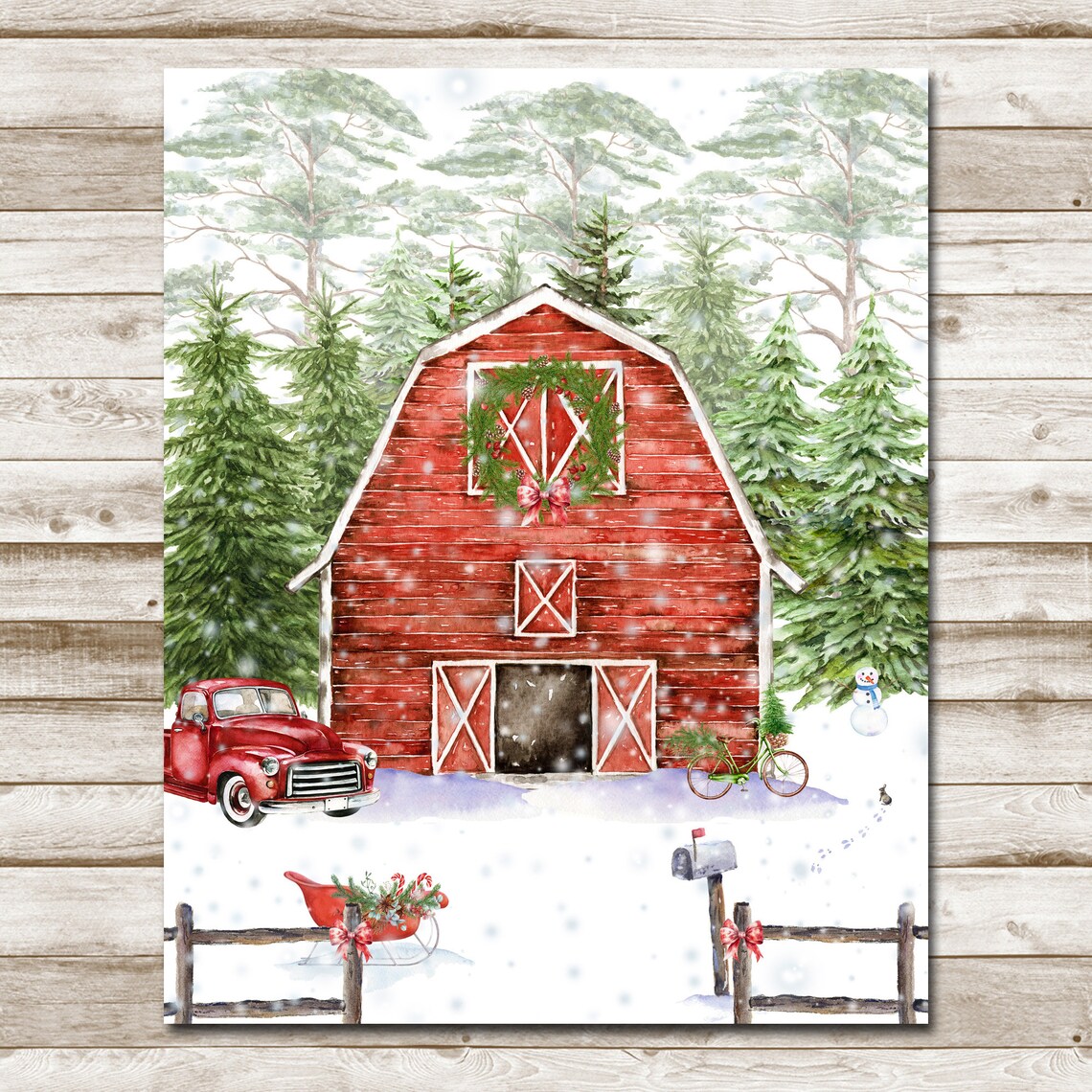 Red Barn Christmas Wreath Snowy Farm Vintage Truck Holiday Poster - Image 4