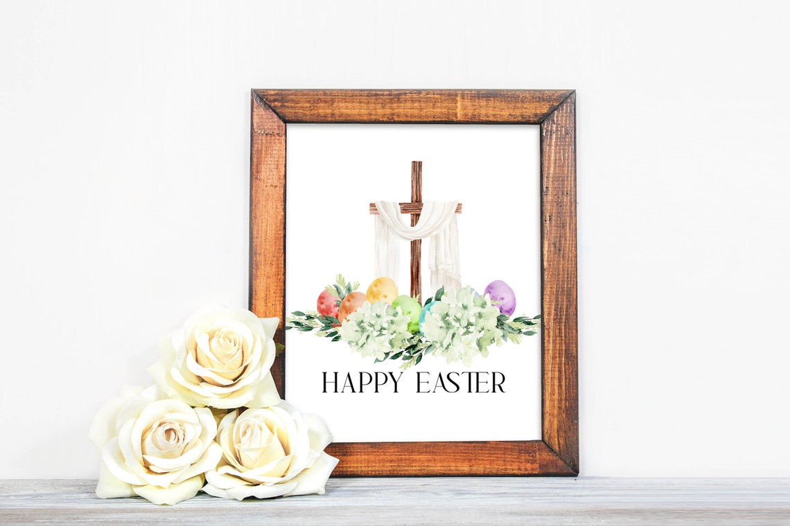 Happy Easter Cross With White Drape Hydrangea Watercolor Poster - Image 4
