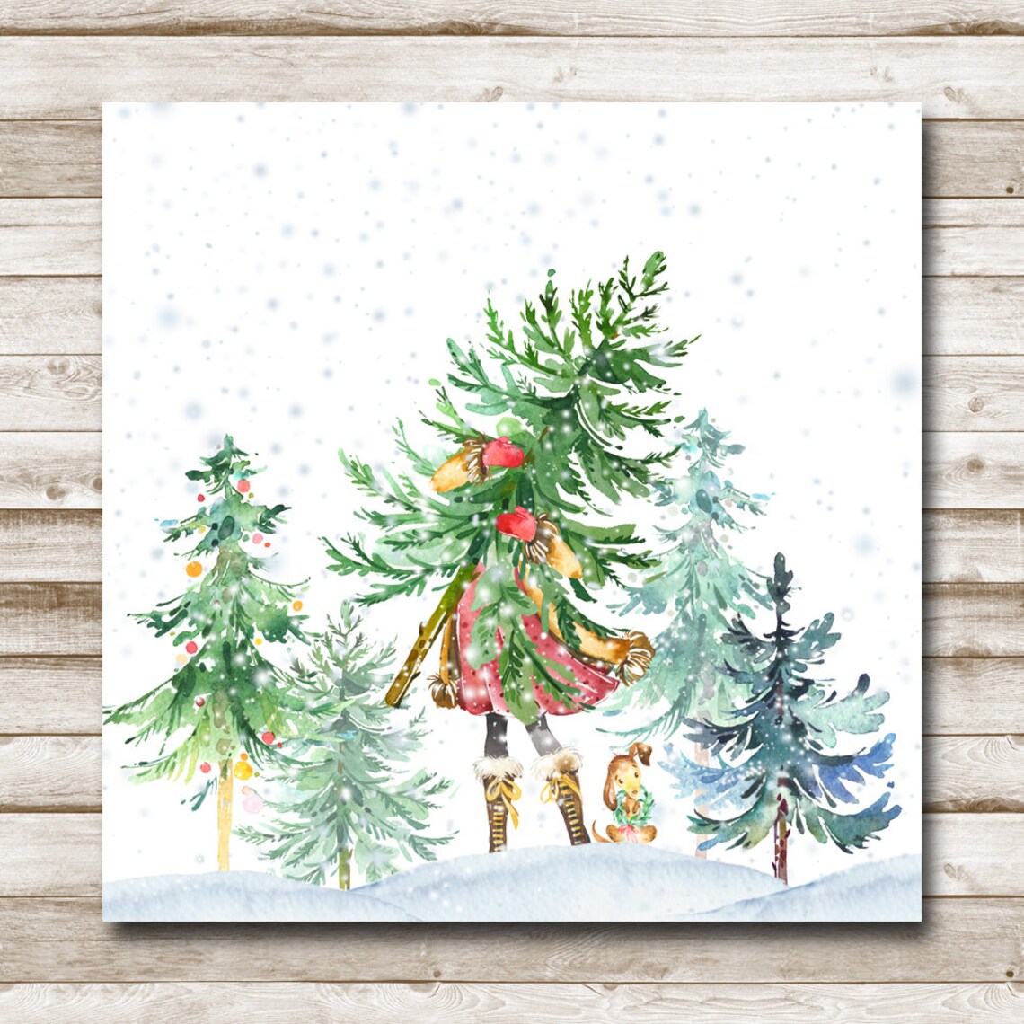 Girl Carrying Christmas Tree in Snowy Woods With Puppy Holiday Poster - Image 4