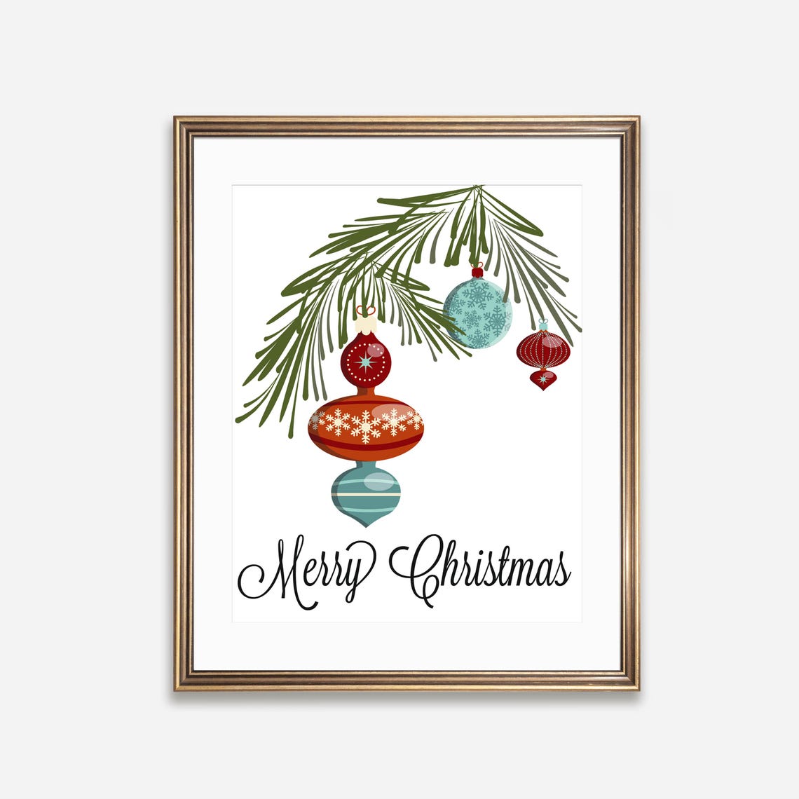 Merry Christmas Vintage Ornaments Hanging From Pine Branch Wall Art - Image 3