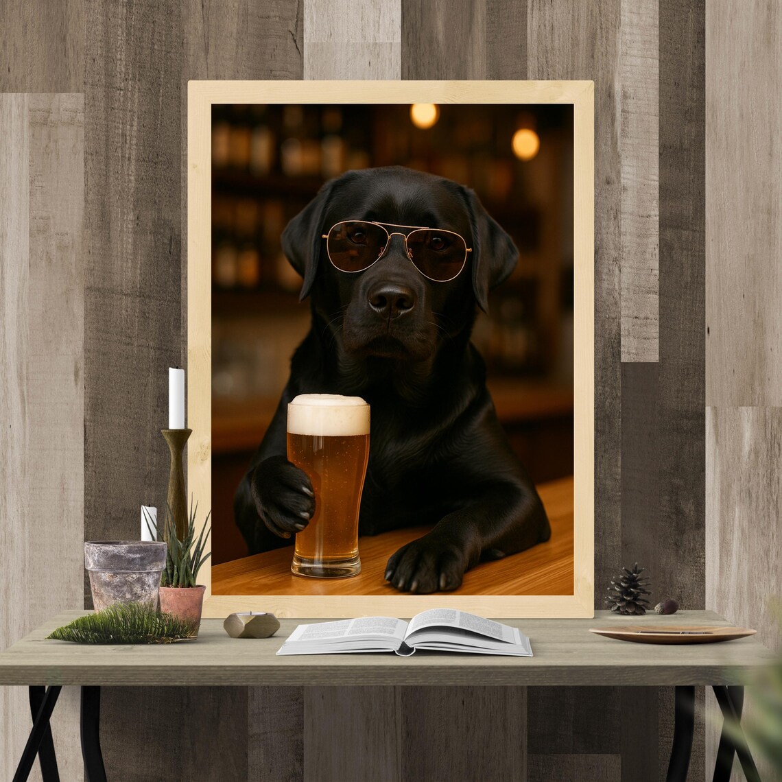 Cool Dog With Beer Wall Poster Black Lab Sunglasses Funny Bar Decor